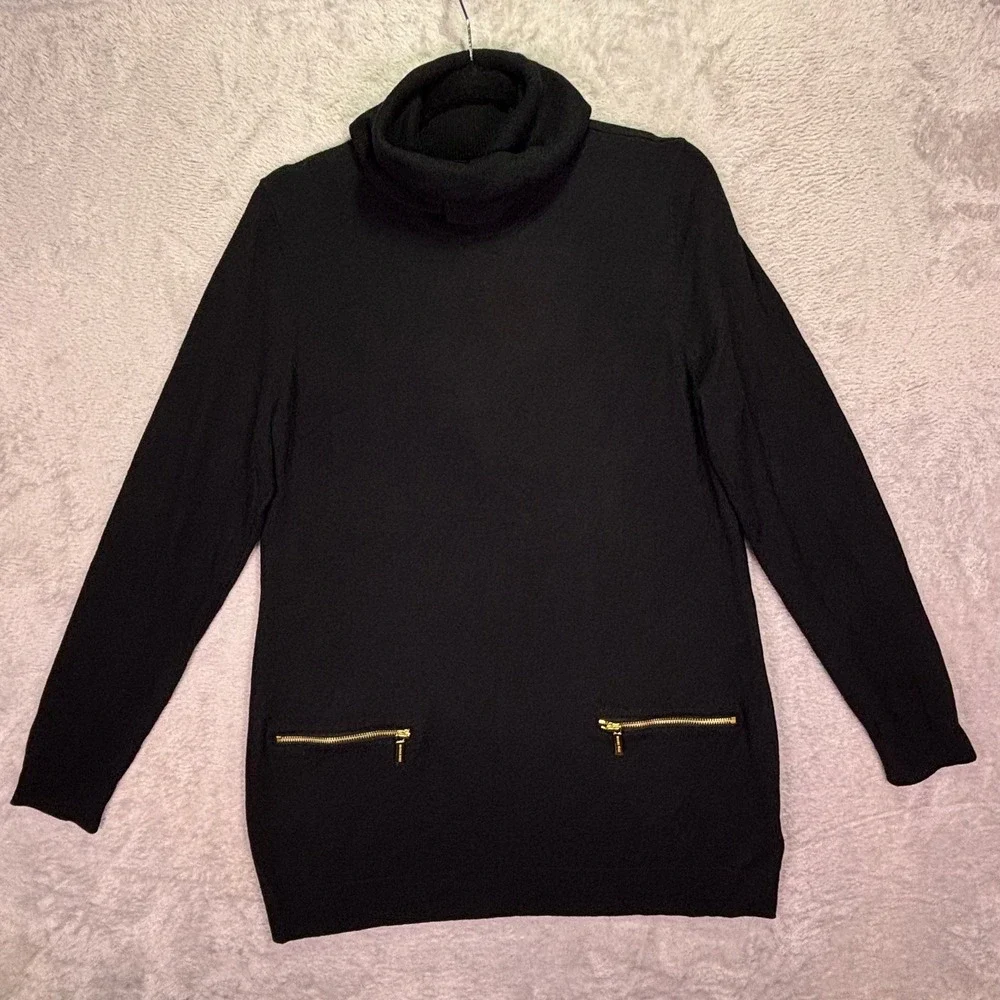 NWT Michael Kors Womens Tunic Sweater XL Black Turtleneck Gold Zipper Minimalist